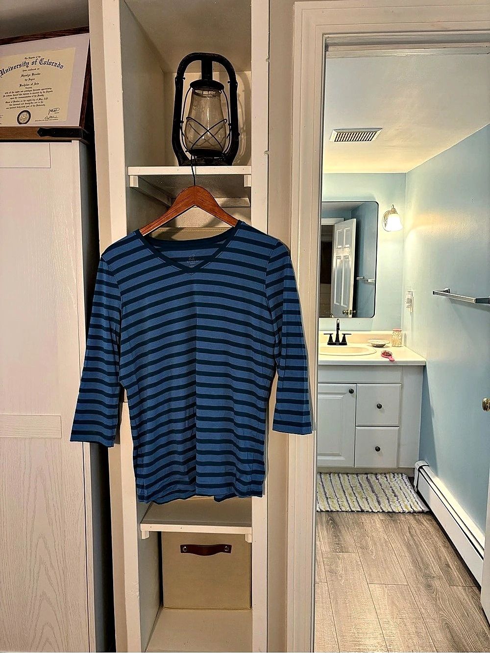 Woolrich women’s Striped Cotton Long Sleeve Blue & Black Medium